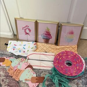 Ice Cream Party Decor Set with Gold Frames